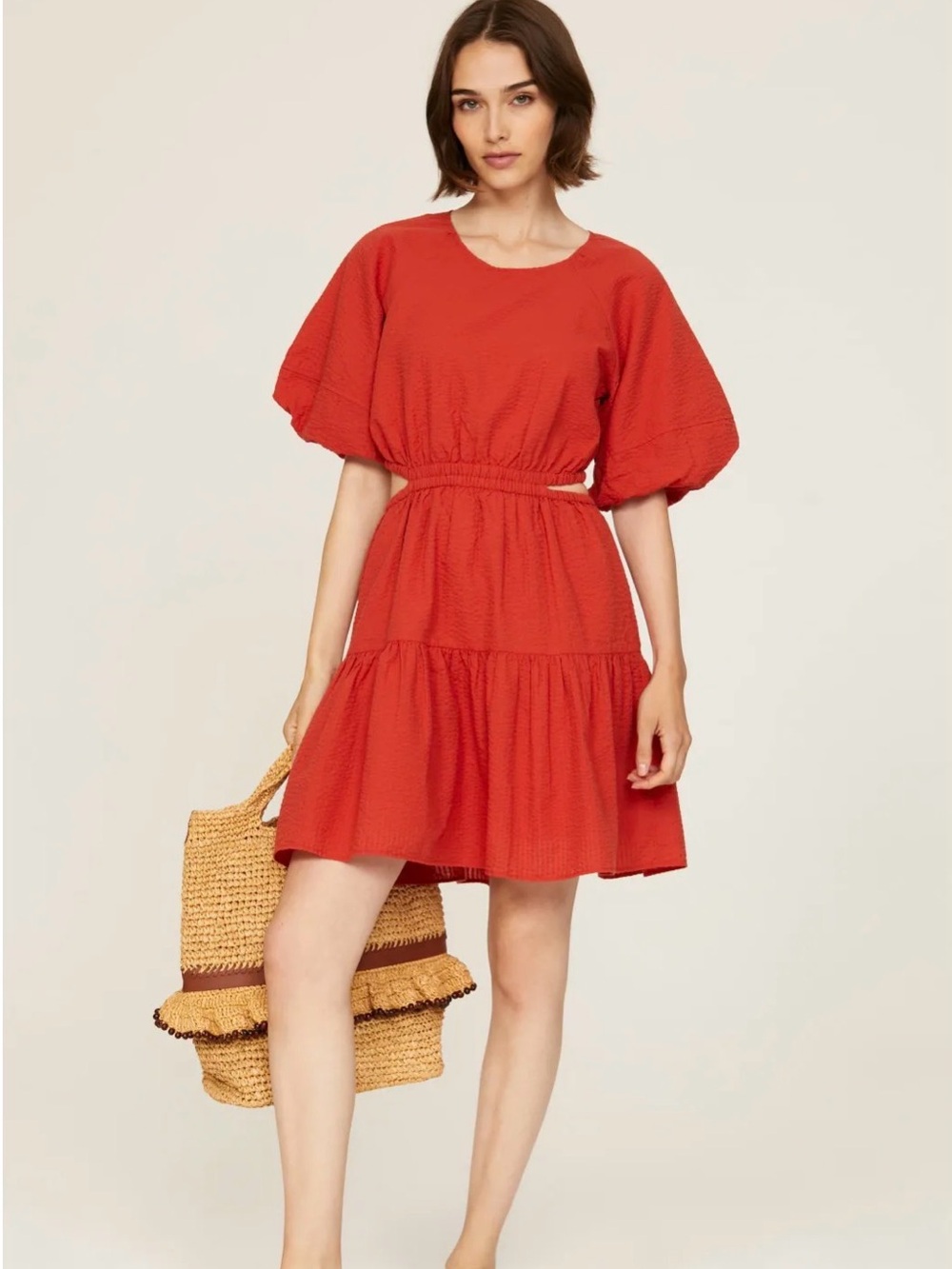 Madewell Rust Orange Puff-Sleeve Tiered Mini Dress